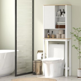 Móvel de arrumação para colocar por cima da sanita 65 x 25 x 170 cm, com porta canelada, compartimentos e prateleira ajustável, branco