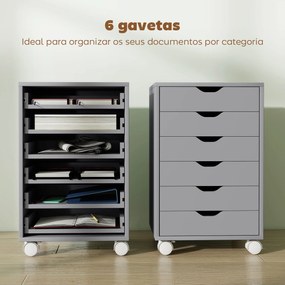 Bloco de Gavetas Móvel Arquivador com 6 Gavetas Suporte para Impressora com Rodas 40x35x63 cm Cinzento