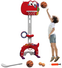 Cesto de Basquetebol 5 em 1 com Altura Ajustável Futebol Golf Aros Jogo de Lançamento 46x51x134-152 cm Vermelho