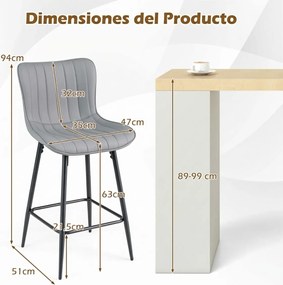 Conjunto de 2 bancos de bar em couro sintético 47 x 51 x 94 cm, com assento e encosto almofadados e apoio para os pés, com capacidade para 150 kg, par