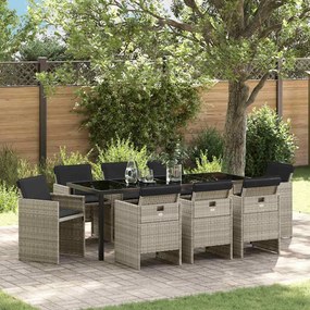 vidaXL Conjunto de Jantar de Jardim de 9 Peças com Almofadas Cinza Claro Rattan PE