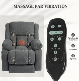 Poltrona elevatória elétrica com massagem e aquecimento, apoio para os pés, encosto reclinável, comando à distância e bolso lateral cinzenta