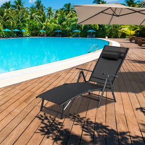 Espreguiçadeira dobrável portátil jardim reclinável encosto ajustável em 7 posições carga 150 kg para piscina praia varanda Preta