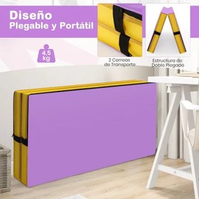 Colchão de ginástica dobrável 122 cm x 122 cm x 10 cm com capa de couro artificial e alças de transporte roxo