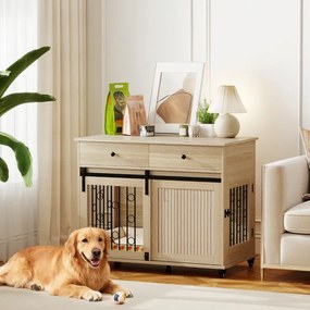 Gaiola para Cães Médios e Grandes Mesa de Apoio Moderna com 2 Gavetas 2 Portas e Fecho 100x56x81 cm Carvalho