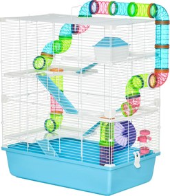 Gaiola para Hamster Grande 59x36x69 cm 4 Plataformas Tubos Comedouro Bebedouro 4 Rampas Roda de Exercícios e 2 Alças Multicolorido