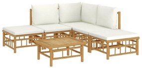6 pcs conjunto lounge de jardim bambu c/ almofadões branco nata