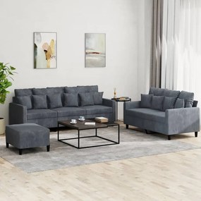 3 pcs conjunto de sofás com almofadões veludo cinzento-escuro