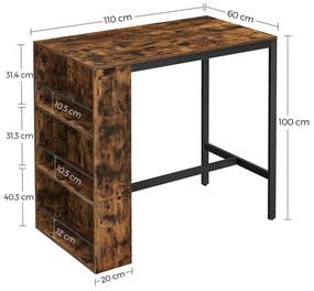 Mesa de bar de design industrial 110 x 60 x 100 cm (Bancos não incluidos) com prateleira Castanho Vintage preto