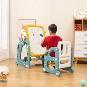 Conjunto de mesa e cadeira para crianças com quadro branco ajustável de 3 níveis Cesto de arrumação Marcadores Marcadores Anéis Borracha Azul