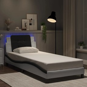 Estrutura cama c/ luzes LED 90x190 cm couro artif. branco/preto