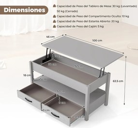 Mesa de centro elevável 100 x 46 x 50 cm com compartimento de armazenamento oculto, prateleira aberta e 2 gavetas para sala de estar cinza