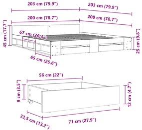 Estrutura de cama c/ gavetas 200x200 cm derivados madeira preto