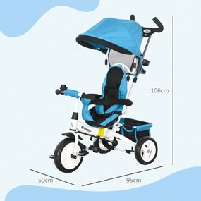 Triciclo Evolutivo para Bebés de +12 Meses 2 em 1 com Toldo Dobrável Guiador Cinto de Segurança e Cesto 95x50x106 cm Azul