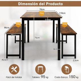 Conjunto de mesa de jantar de 3 peças com estrutura de metal e 2 bancos para 2-4 pessoas móveis de mesa para cozinha Castanho + Preto