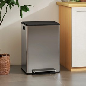 Caixote do lixo com dois compartimentos de 2 x 30 L, caixote do lixo de cozinha com pedal, tampa com fecho suave, 47,5 x 37,5 x 67 cm, prateado