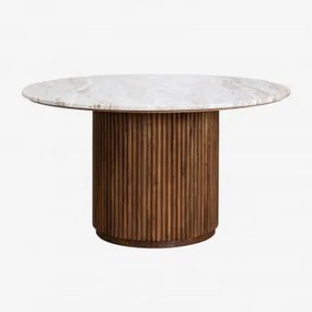 Mesa De Jantar Redonda Giselda Em Pedra Natural E Madeira De Manga Mármore & Ø140 Cm - Sklum