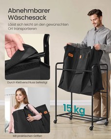 Cesto da roupa suja 170 L com rodas e 3 compartimentos Preto