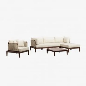 Conjunto De Sofá Modular Giulia Acacia De 3 Peças Com Duas Poltronas De Canto, Um Pufe, Uma Poltrona E Uma Mesa De Centro Crema - Sklum