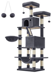Arranhador para gatos FEANDREA Large Cat Scratching Post M Arranhador para gatos 168 cm de altura com 13 arranhadores 1 rampa para arranhar 2 plataformas 2 cavernas Rede de cesta Pompons para gatos grandes Cinza fumê