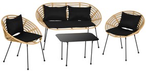 Outsunny Conjunto de Móveis de Jardim em Vime Sintético 4 Peças com 1 Sofá Duplo 2 Poltronas e Mesa de Vidro Madeira e Preto | Aosom Portugal