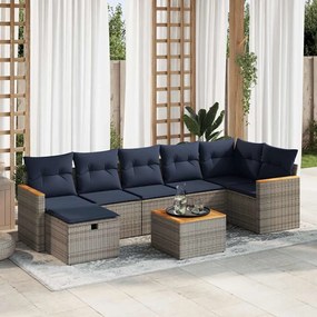 8 pcs conjunto sofás de jardim c/ almofadões vime PE cinzento