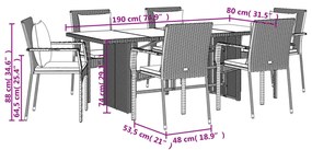 7 pcs conjunto de jantar p/ jardim c/ almofadões vime PE preto