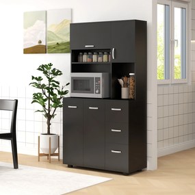 Armário de cozinha com vários compartimentos, 4 portas, 3 gavetas, prateleira + tabuleiro grande, 89 x 39,5 x 168 cm, preto