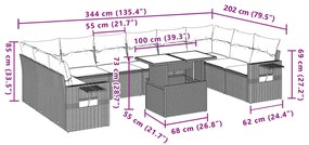 11 pcs conjunto sofás de jardim c/ almofadões vime PE castanho