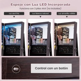 Armário para joias com fechadura 40 x 38 x 164 cm com Espelho de maquilhagem LED com 3 cores Prateleiras ajustáveis e rodas universais Castanho Escuro