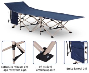 Cama de Campismo Dobrável com 1 Bolso Lateral Bolsa de Transporte e Estrutura de Aço C 190x68x52 cm Azul Escuro