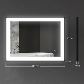 Espelho Casa de Banho com Luz LED 80x60 cm Iluminação Ajustável Função Anti-Embaciamento Função Memória Preto