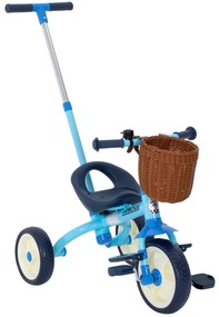 Triciclo para Bebés 2 em 1 Triciclo Evolutivo para Crianças com Barra Parental Ajustável Apoio para Pés Rebatível e Cesto 93,5x47x96 cm Azul