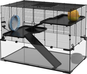 Gaiola para hamsters e roedores de 3 andares com roda, rampas, casinha, bebedouro e comedouro – 76,5 x 48,5 x 54,5 cm – preta