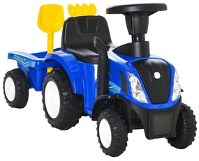 HOMCOM Trator para Crianças de 12-36 Meses com Reboque Removível Carro Andador com Buzina Farol Pá e Ancinho Carga 25kg 91x29x44cm Azul