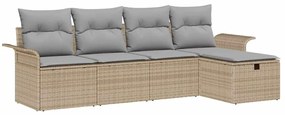 Conjunto de Sofá de Jardim de 5 Peças com Almofadas Bege Vime PE