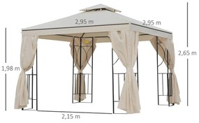 Gazebo de jardim Pavilhão de 3 x 3 m com 4 cortinas laterais removíveis com zíper, 8 orifícios de drenagem e telhado duplo bege