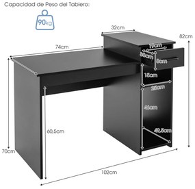 Secretária com gaveta e suporte CPU Caixa de apoio de braço de 2 níveis Estação de trabalho de madeira para mesa 102 x 50 x 82 cm Preto