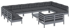 13 pcs conjunto lounge de jardim c/ almofadões pinho cinza