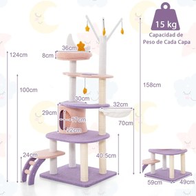 Arranhador para gatos de 158 cm com vários níveis e escada Poste de arranhar coberto de sisal de pelúcia Rede roxa