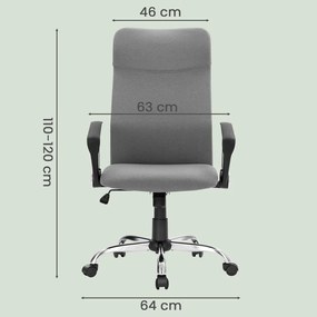 Cadeira de escritório com altura ajustável 58 x 59 x (114,7-122,7) cm, ergonómica e giratória, assento almofadado cinzenta
