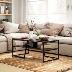 Mesa de centro retangular de estilo industrial com 1 tampo e 1 prateleira de arrumação em metal, 106 x 55 x 45 cm