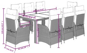 9 pcs conjunto de jantar p/ jardim c/ almofadões vime PE preto