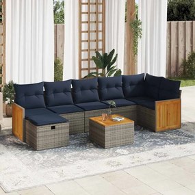 8 pcs conjunto sofás de jardim c/ almofadões vime PE cinzento