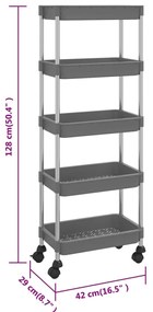 Carrinho cozinha c/ 5 prateleiras ferro/ABS 42x29x128 cm cinza