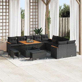 Conjunto de Sofá de Jardim vidaXL 13 Peças com Almofadas Preto Rattan Poliéster Acácia