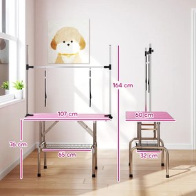 Mesa de Tosquia para Cães Dobrável Mesa de Higiene com Prateleira Metálica Superfície Antiderrapante 107x60x164 cm, Rosa