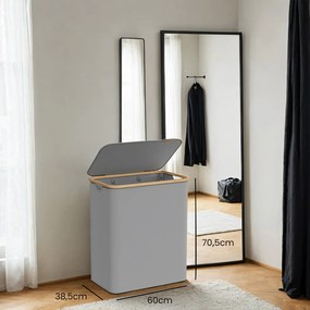 Cesto de bambu para roupa suja de 150 litros com 3 compartimentos 60 x 38,5 x 70,5 cm cinzento