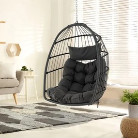 Cadeira suspensa em forma de ovo com almofada para a cabeça, almofada para o assento, cesto de vime, design dobrável, carga máxima 150 kg, 77,5 x 74 x