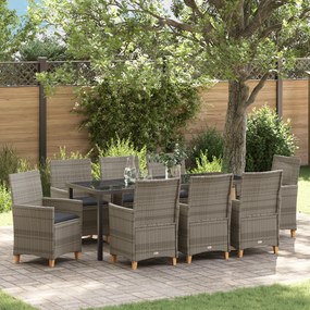vidaXL Conjunto de Jantar de Jardim com 9 Peças e Almofadas Cinza Polyrattan